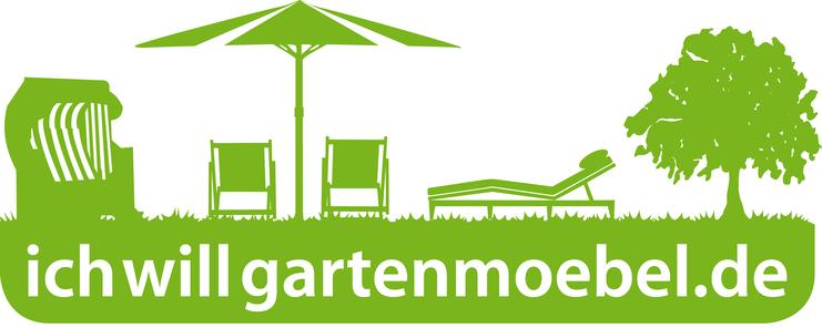 Gr&uuml;ne Silhouetten von Gartenm&ouml;beln, Sonnenschirm, Liege und Baum auf einer Wiese, mit der Aufschrift &bdquo;ichwillgartenmoebel.de&ldquo;.