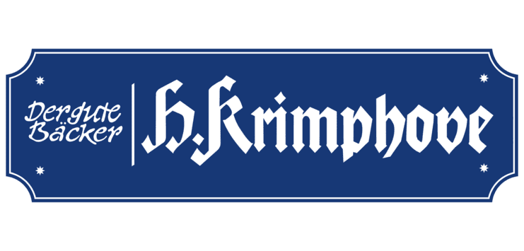 Logo der Bäckerei H. Krimphove in blauer Schrift auf hellblauem Hintergrund, verziert mit stilisierten Sternen.
