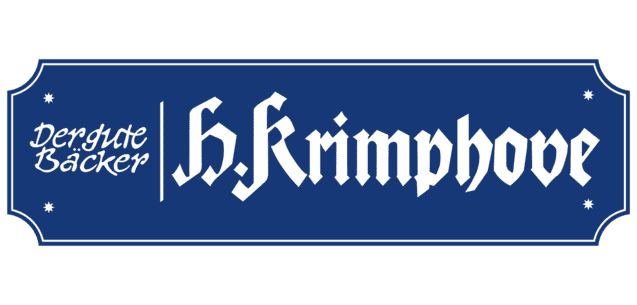 Logo der Bäckerei H. Krimphove in blauer Schrift auf hellblauem Hintergrund, verziert mit stilisierten Sternen.