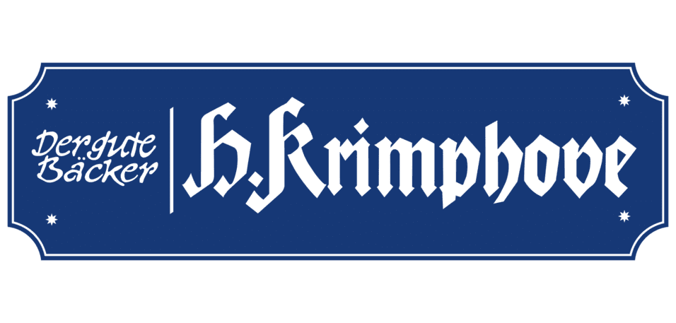 Logo der Bäckerei H. Krimphove in blauer Schrift auf hellblauem Hintergrund, verziert mit stilisierten Sternen.