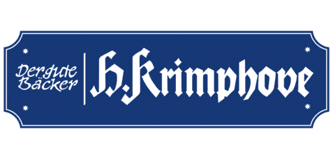 Logo der Bäckerei H. Krimphove in blauer Schrift auf hellblauem Hintergrund, verziert mit stilisierten Sternen.