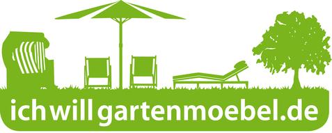 Grüne Silhouetten von Gartenmöbeln, Sonnenschirm, Liege und Baum auf einer Wiese, mit der Aufschrift „ichwillgartenmoebel.de“.