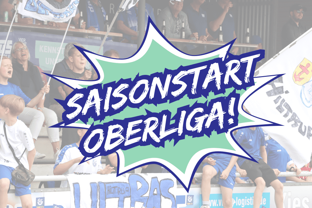 Zuschauer jubeln mit Fahnen auf einer Tribüne, im Vordergrund steht „Saisonstart Oberliga!“ in bunten Schriftzügen.