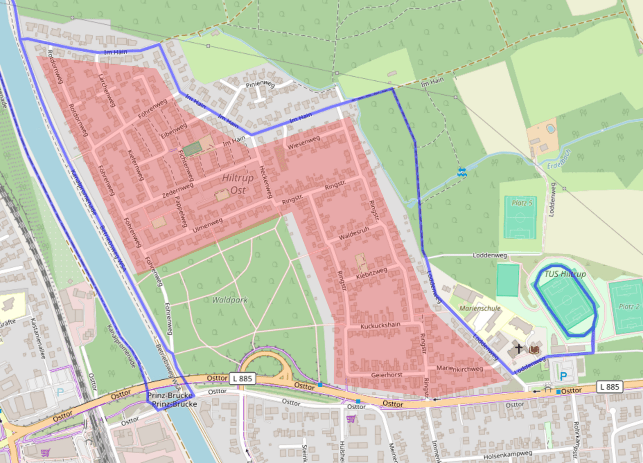 Karte von Hiltrup Ost mit eingezeichneten Wohngebieten, Straßen und umliegenden Grünflächen und Sportanlagen.