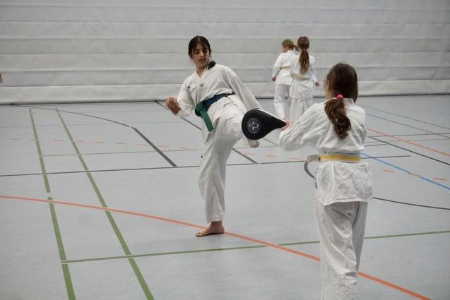 Mädchen im Karateanzug führt einen Kick gegen ein Trainingspad in einer Sporthalle aus.