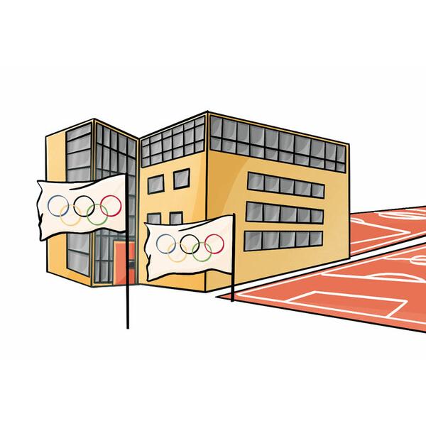 Illustration eines modernen Geb&auml;udes mit Olympiageldern und einem Sportplatz im Vordergrund.