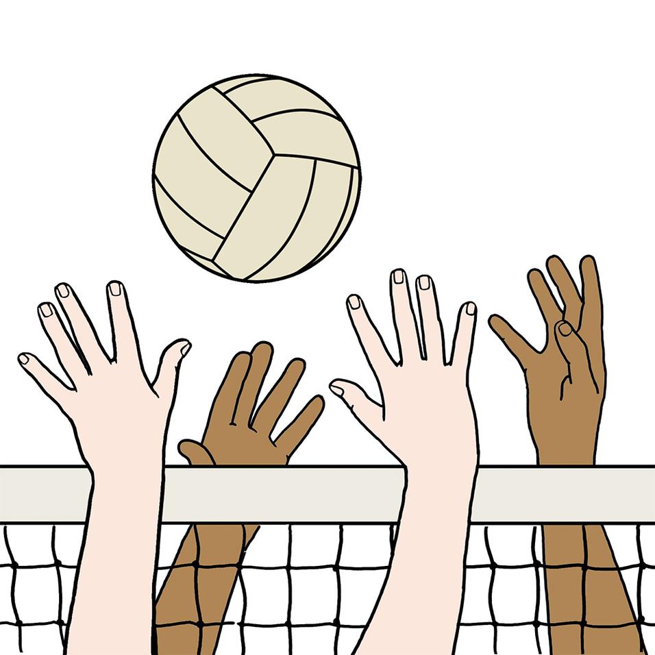 Zwei H&auml;nde hebend, versuchen einen Volleyball &uuml;ber ein Netz zu erreichen, das in der Mitte des Bildes sichtbar ist.