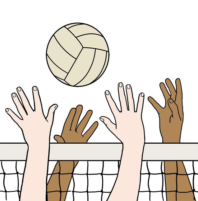 Zwei Hände hebend, versuchen einen Volleyball über ein Netz zu erreichen, das in der Mitte des Bildes sichtbar ist.