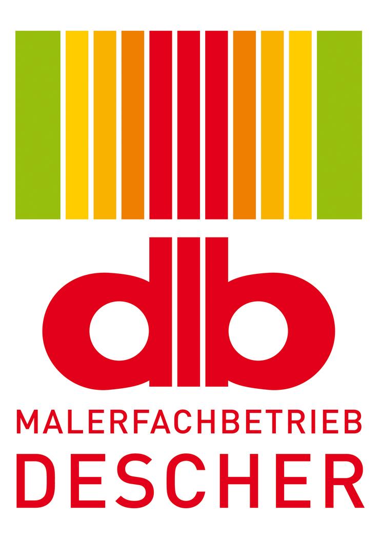 Logo des Malerfachbetriebs Descher mit bunten Streifen in Gr&uuml;n, Gelb, Orange und Rot sowie dem Schriftzug &bdquo;db&ldquo; in Rot.