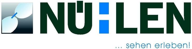Logo von NÜLEN mit stilisierten Brillen und dem Slogan „... sehen erleben!“ in blau und grün.