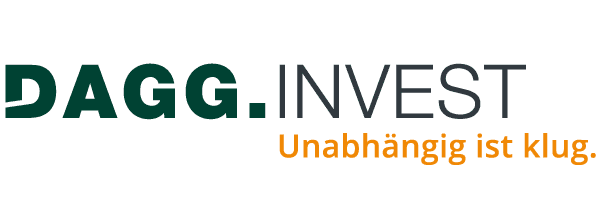 Logo von DAGG.INVEST mit dem Slogan "Unabhängig ist klug" in grüner und oranger Schrift.