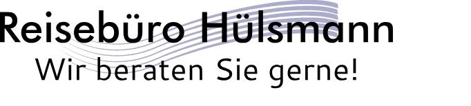 Logo eines Reisebüros mit dem Text „Reisebüro Hülsmann - Wir beraten Sie gerne!“. Grafische Linien im Hintergrund.