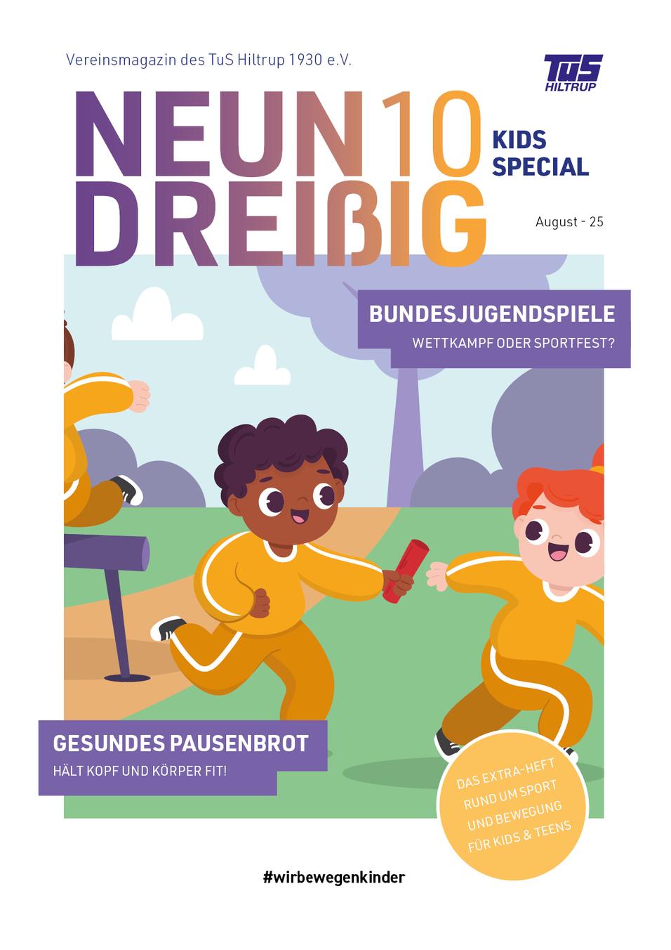 Kids Special 2025 Illustrierte Titelseite eines Vereinsmagazins mit Kindern in Sportkleidung, die einen Staffelstab übergeben.