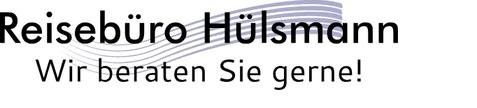 Logo eines Reisebüros mit dem Text „Reisebüro Hülsmann - Wir beraten Sie gerne!“. Grafische Linien im Hintergrund.