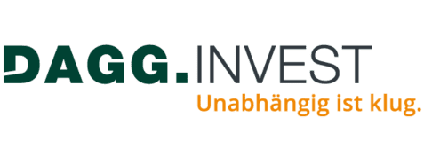 Logo von DAGG.INVEST mit dem Slogan "Unabhängig ist klug" in grüner und oranger Schrift.