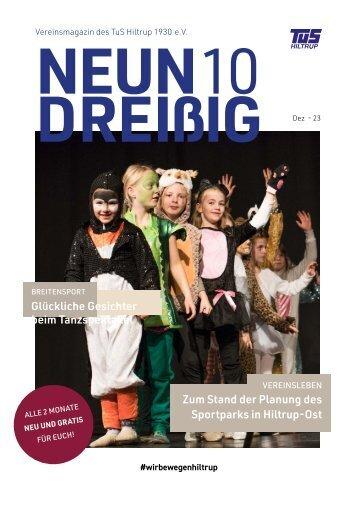 Titel des Vereinsmagazins „NEUN DREIßIG“ mit glücklichen Kindern in Kostümen auf der Bühne bei einem Tanzauftritt.