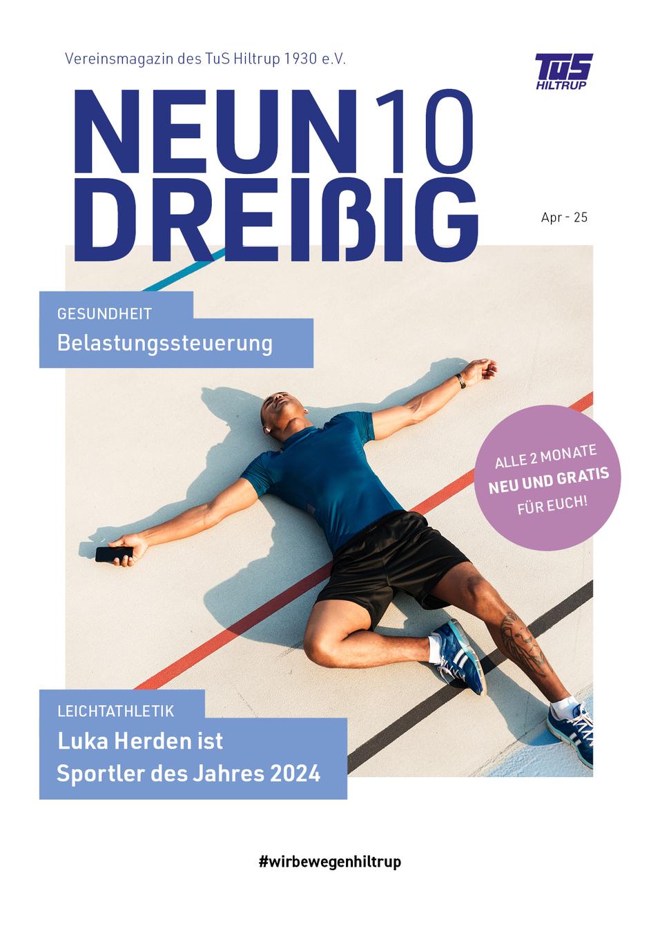 Cover des Vereinsmagazins TuS Hiltrup mit einem Athleten, der erschöpft auf dem Boden liegt.