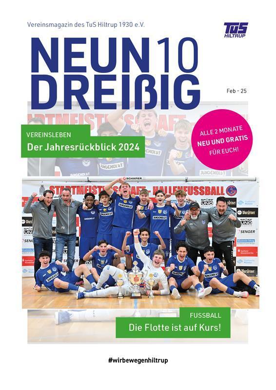 Vereinsmagazin mit Titel „NEUN DREIßIG“, Fußballmannschaft jubelt mit Pokal, umgeben von Sponsorenlogos und Vereinsinfos.