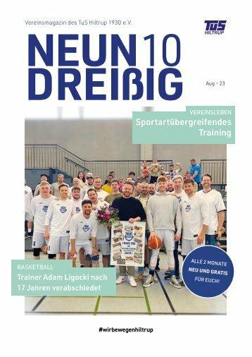 Vereinsmagazin von TuS Hiltrup, Titelbild mit Basketballmannschaft und Trainer Adam Ligocki in Sportkleidung.
