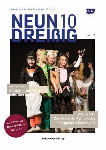 Titel des Vereinsmagazins „NEUN DREIßIG“ mit glücklichen Kindern in Kostümen auf der Bühne bei einem Tanzauftritt.