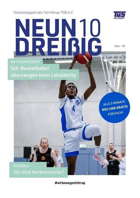 Sportmagazin-Cover mit dem Titel „NEUN DREIßIG“, Basketballspieler in Aktion beim Lokalderby, Elemente in Grün und Blau.