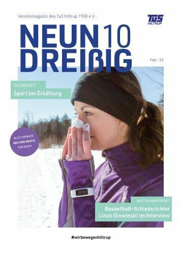 Cover des Vereinsmagazins „NEUN DREIßIG“ mit einer Frau beim Wintersport und Informationen über Gesundheit und Basketball.