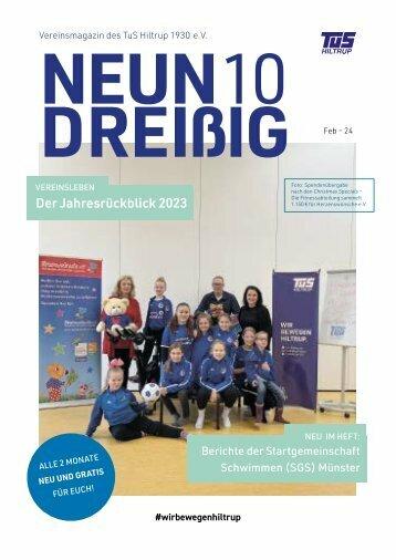 Vereinsmagazin des TuS Hiltrup mit Titel „NEUN DREIßIG“ und Gruppenfoto von Mitgliedern in blauen Shirts mit Sportequipment.