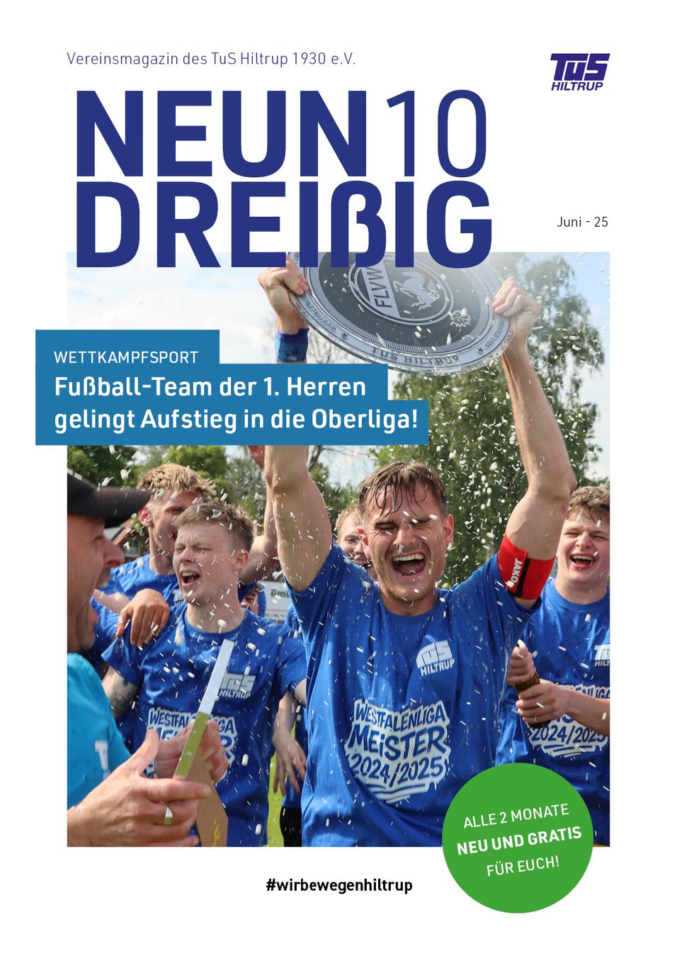 Gruppenszene von jubelnden Fußballspielern in blauen Trikots, die eine Meisterschaftstrophäe feiern.