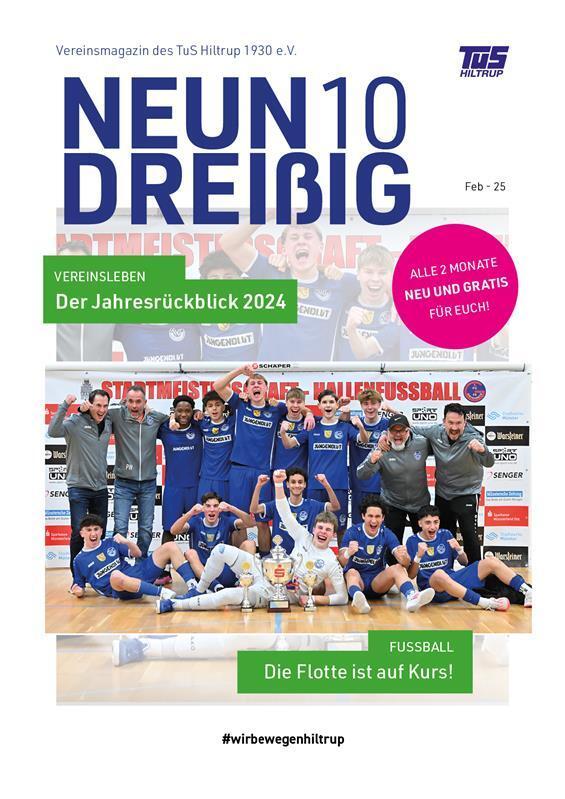 Vereinsmagazin mit Titel „NEUN DREIßIG“, Fußballmannschaft jubelt mit Pokal, umgeben von Sponsorenlogos und Vereinsinfos.