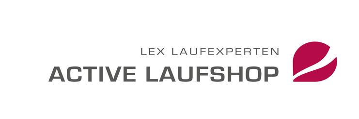Logo des Active Laufshops mit dem Schriftzug &bdquo;LEX LAUFEXPERTEN&ldquo; &uuml;ber dem Wort &bdquo;ACTIVE LAUFSHOP&ldquo; und einer stilisierten roten Grafik.