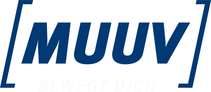Logo von MUUV mit dem Schriftzug "BEWEGT DICH" in Blau und Wei&szlig; auf transparentem Hintergrund.