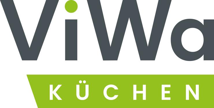 Logo von ViWa Küchen mit grauen Buchstaben und grüner Sprechblase, die das Wort „Küchen“ enthält.