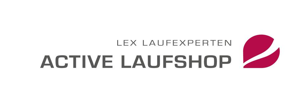 Logo des Active Laufshops mit dem Schriftzug &bdquo;LEX LAUFEXPERTEN&ldquo; &uuml;ber dem Wort &bdquo;ACTIVE LAUFSHOP&ldquo; und einer stilisierten roten Grafik.