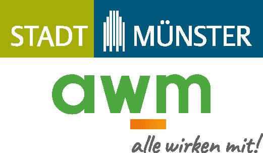 Logo der Stadt M&uuml;nster mit dem Schriftzug "awm" und dem Slogan "alle wirken mit!". Farbige Gestaltung in Gr&uuml;n, Blau und Gelb.