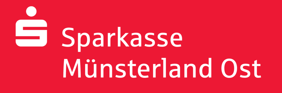 Logo der Sparkasse M&uuml;nsterland Ost auf rotem Hintergrund mit stilisiertem &bdquo;S&ldquo; und Schriftzug.