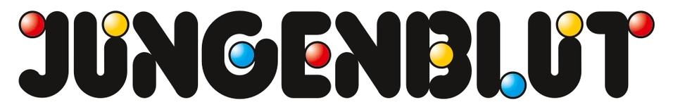 Schriftzug „JUNGENBLUT“ in bunt gestalteter Typografie mit bunten Kugeln in Rot, Gelb, Blau auf schwarzem Hintergrund.