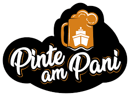 Logo von "Pinte am Pani" mit einem Bierkrug und einem Schiff auf schwarzem Hintergrund.