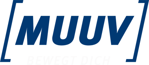 Logo von MUUV mit dem Schriftzug "BEWEGT DICH" in Blau und Weiß auf transparentem Hintergrund.