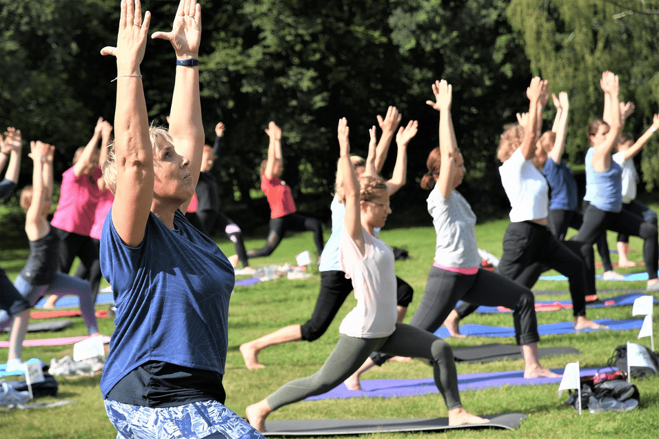 Gruppe von Menschen beim Yoga im Freien, verschiedene Posen auf Yogamatten in einer grünen Umgebung.