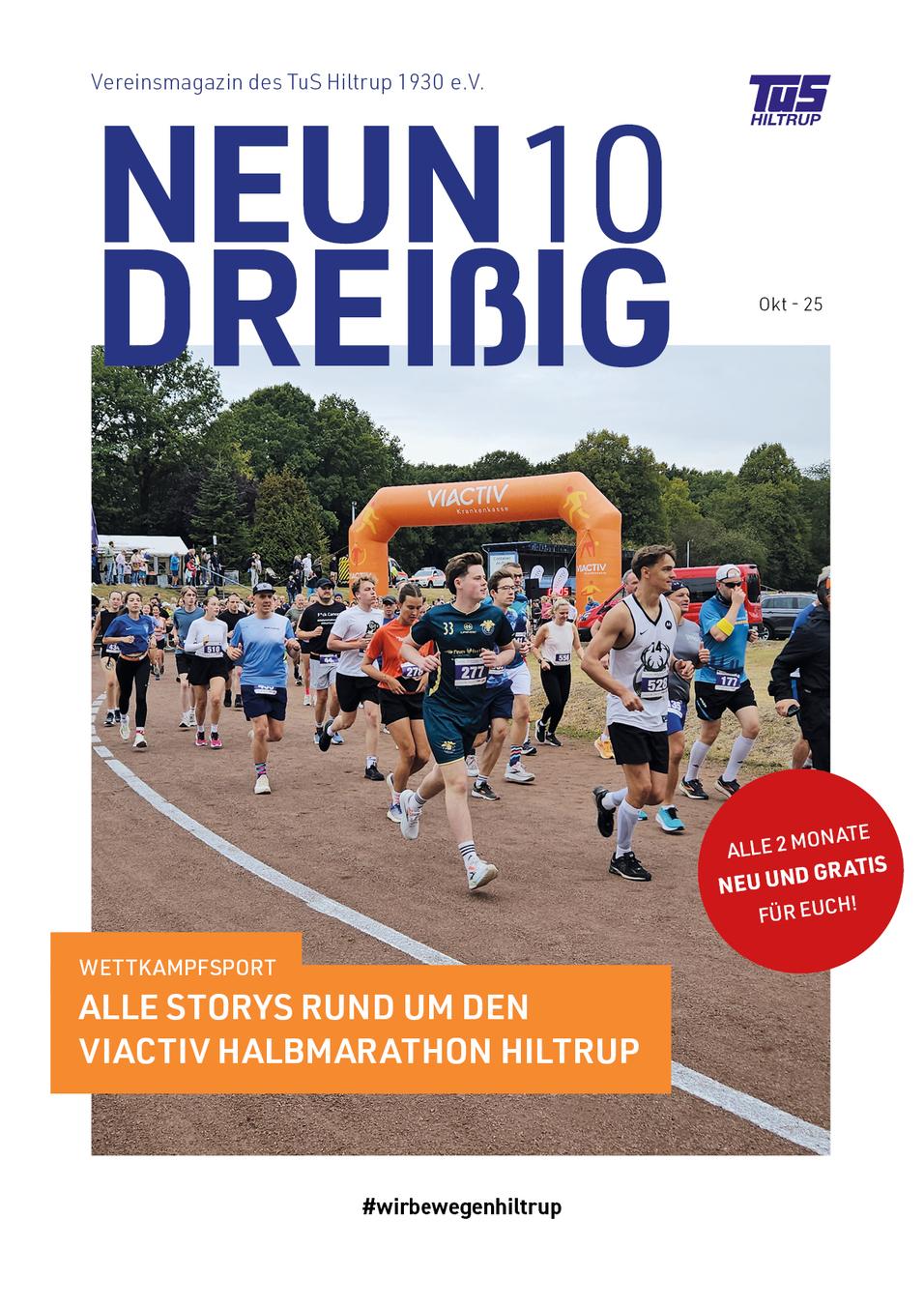 Vereinsmagazin Cover Oktober 2025 Läuferinnen und Läufer nehmen an einem Wettlauf teil, begleitet von einem bunten Bogen mit dem Schriftzug „VIACTIV“.